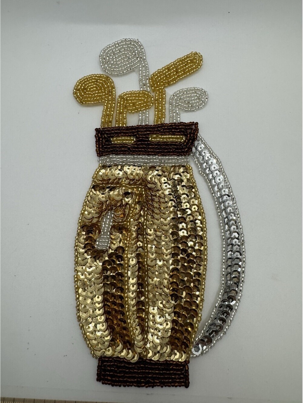 Sequined & Beaded Golf Bag And Clubs Sew On Patch NOS Gold & White